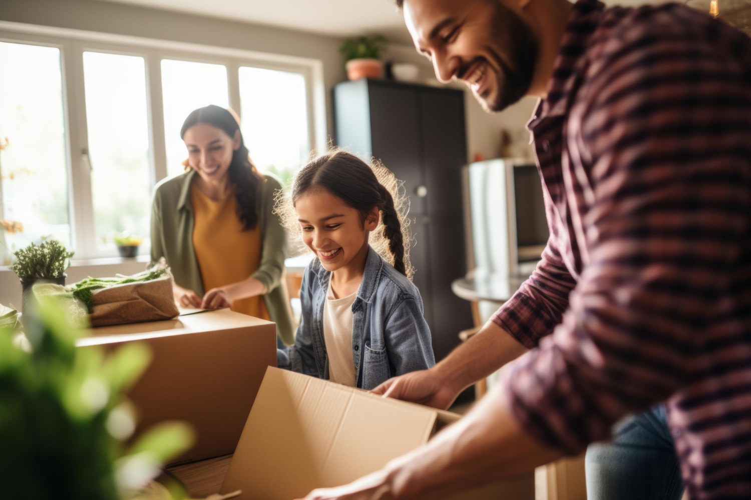 Famille joyeuse préparant leur déménagement avec des cartons, illustrant l'importance d'une bonne organisation lorsqu'on envisage de déménager, particulièrement en situation de garde alternée.