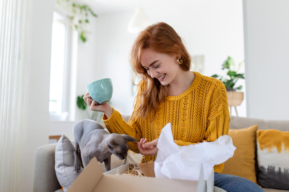 Chat assis parmi les boîtes de déménagement étiquetées, montrant comment nous aidons à maintenir les habitudes des animaux domestiques durant le déménagement vers leur nouvelle maison.