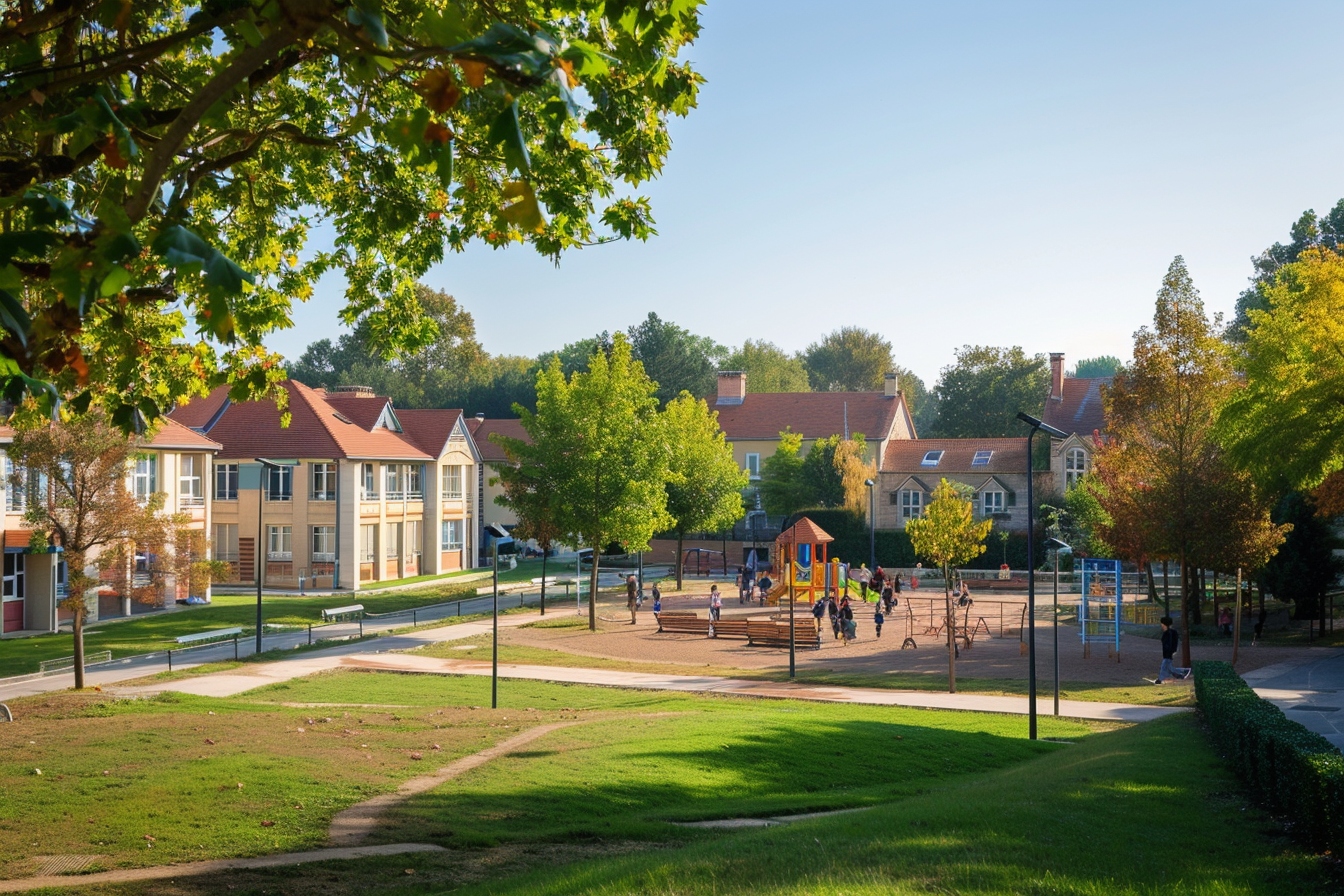 Vue extérieure d'une école réputée à Boulogne-Billancourt avec des élèves entrant pour une journée d'éducation de qualité