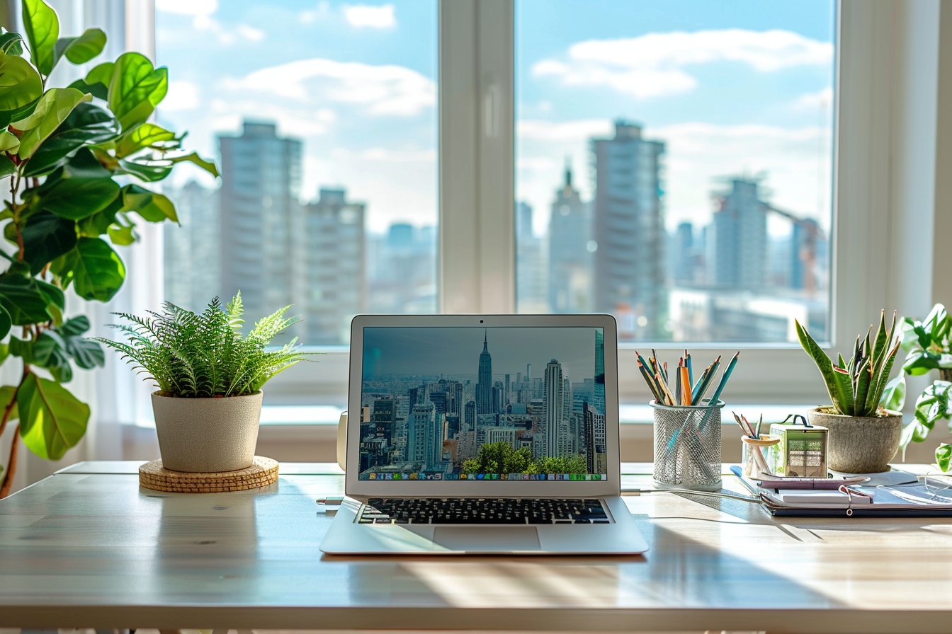 Aménagement d'un coin bureau fonctionnel et vivifiant dans un petit appartement, optimisant l'espace disponible.